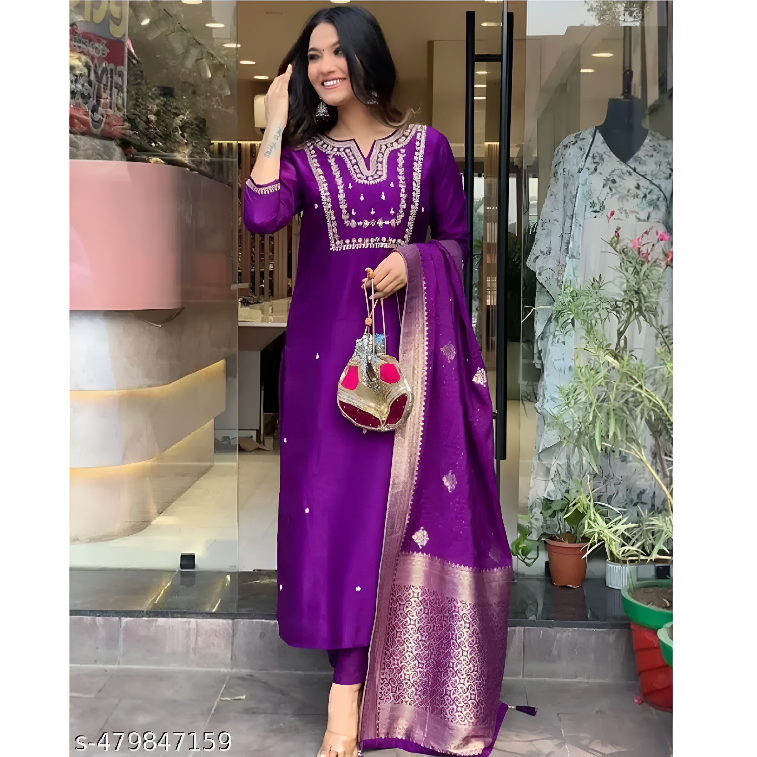 Purple Embroidered Viscose Slik Straight Kurta Pant Dupatta Set
